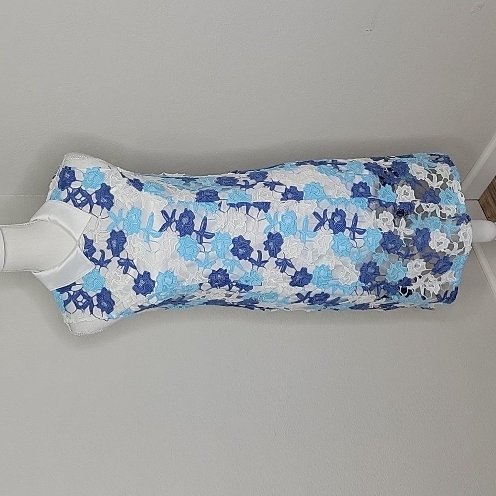 Modcloth Blue White Floral Crochet Overlay Shift Dress